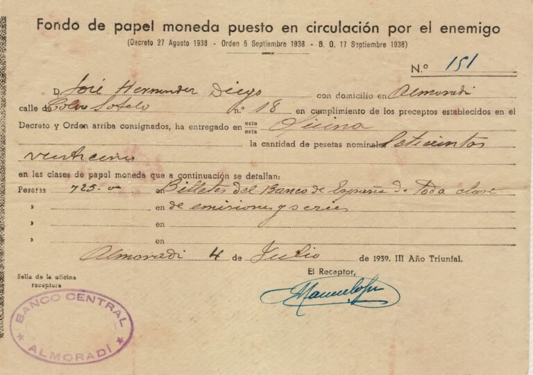 Dinero republicano incautado por Franco fonfo de papel moneda almoradi